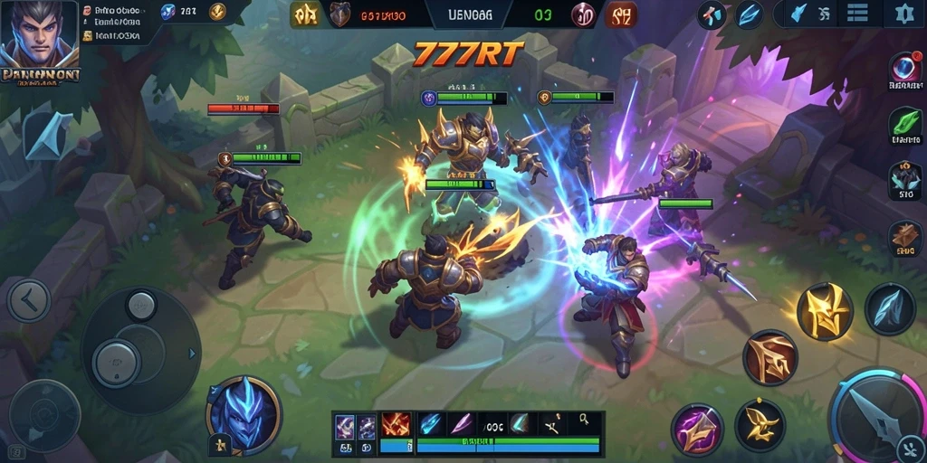 Tampilan gameplay seru di 777RT saat pertarungan tim berlangsung.