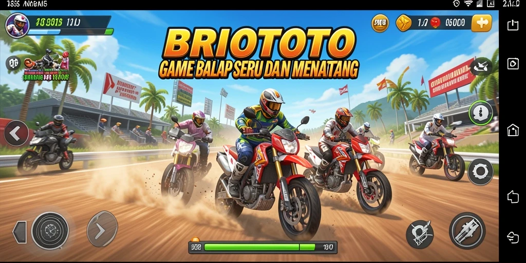Screenshot dari gameplay BRIOTOTO menampilkan balapan yang mendebarkan dan mobil yang beragam.