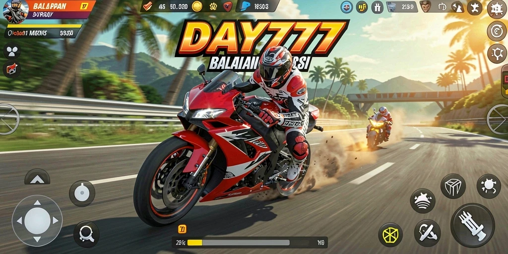 Tampilan gameplay balapan motor yang seru dan mendebarkan.