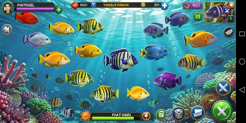 Screenshot gameplay FIATOGEL menampilkan aksi menembak ikan yang seru.