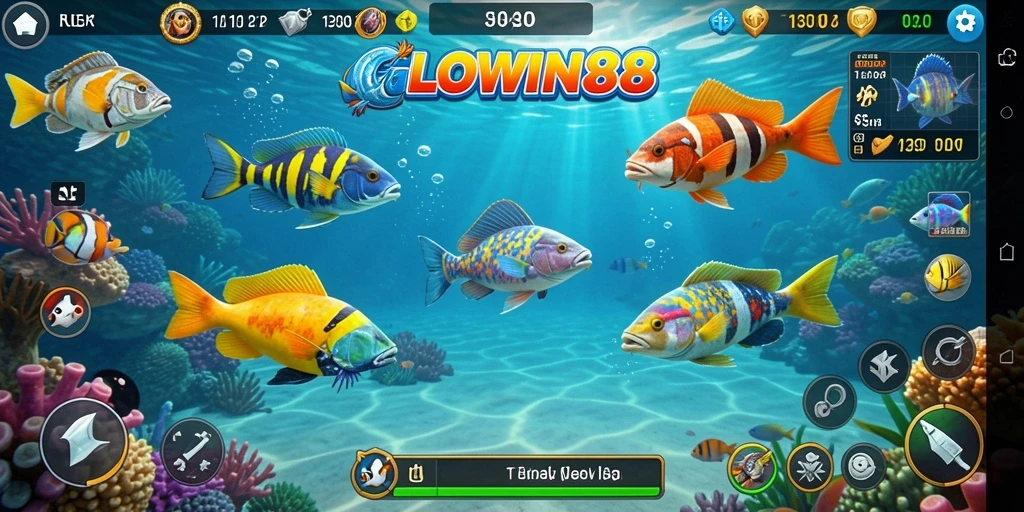 Tampilan gameplay seru dalam GLOWIN88 saat menangkap ikan.