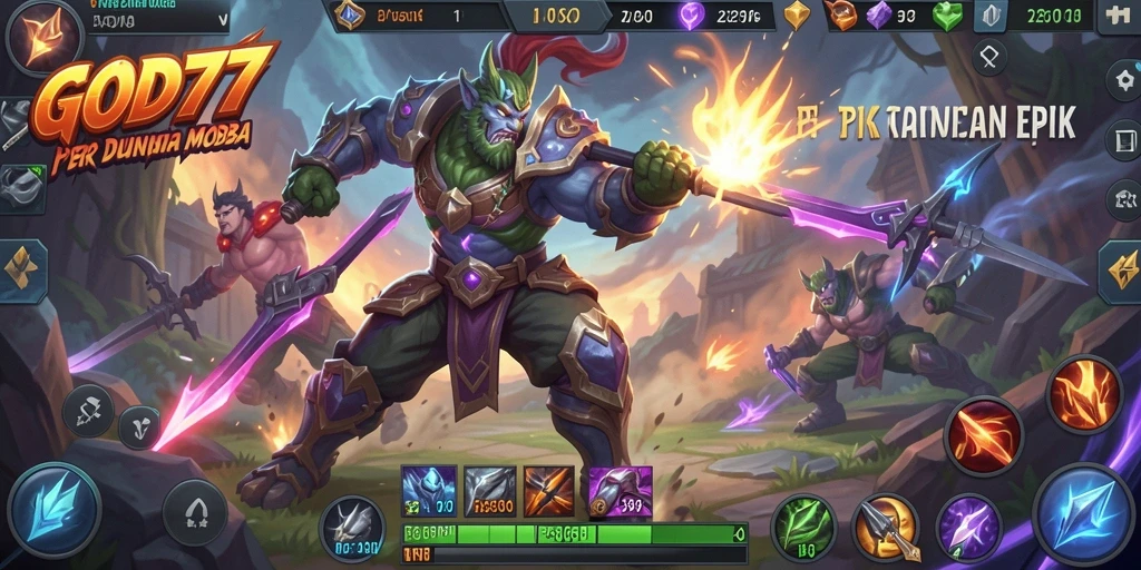 Screenshot gameplay GOD77 menunjukkan aksi seru di arena MOBA.