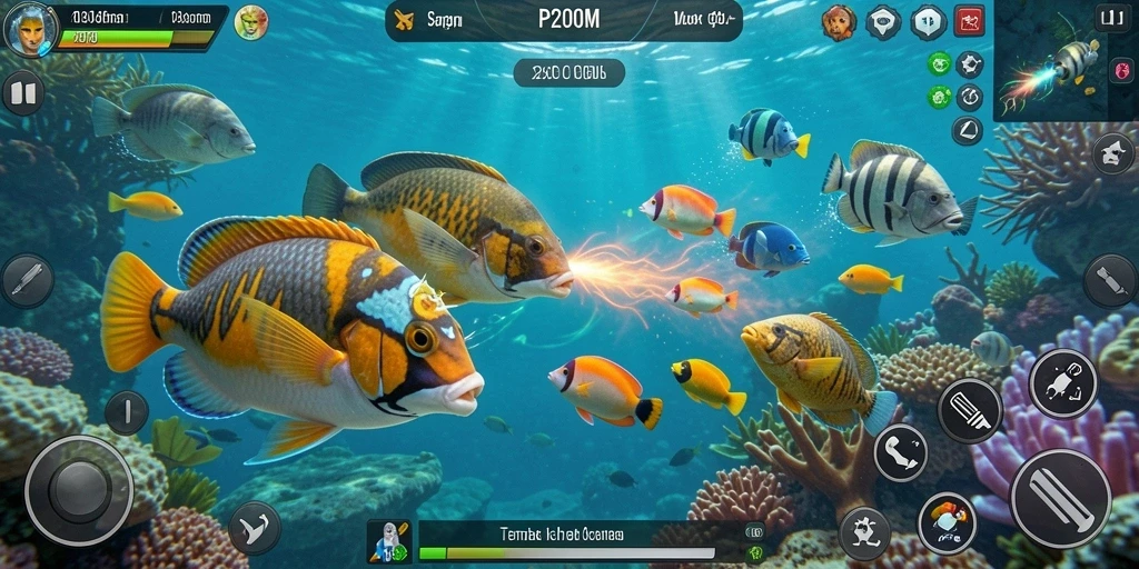 Gameplay P200M menampilkan aksi menembak ikan yang seru dan mengasyikkan.