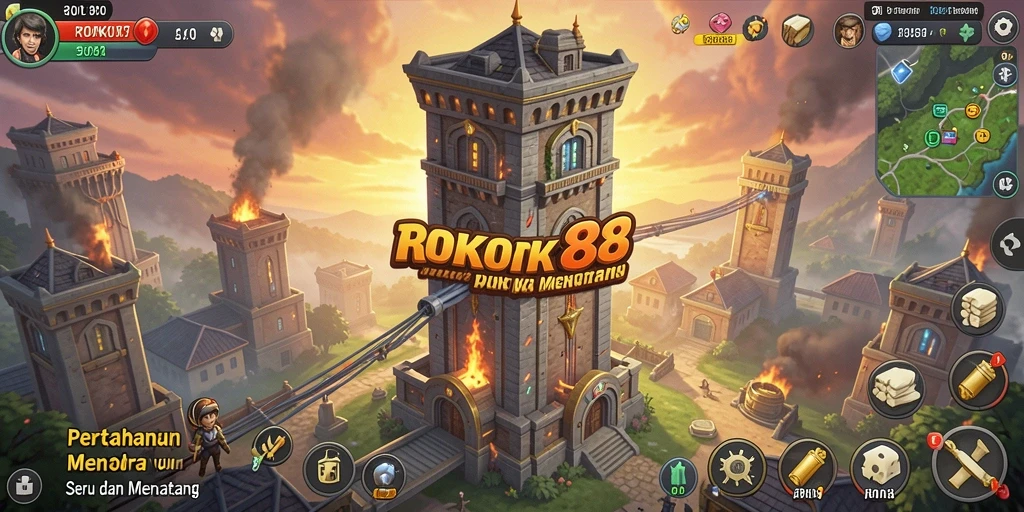Tangkapan layar gameplay ROKOK88 yang menampilkan menara pertahanan dan strategi.