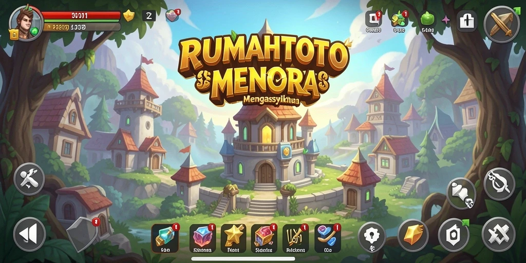 Screenshot gameplay RUMAHTOTO menampilkan pertahanan menara yang sedang beraksi melawan musuh.