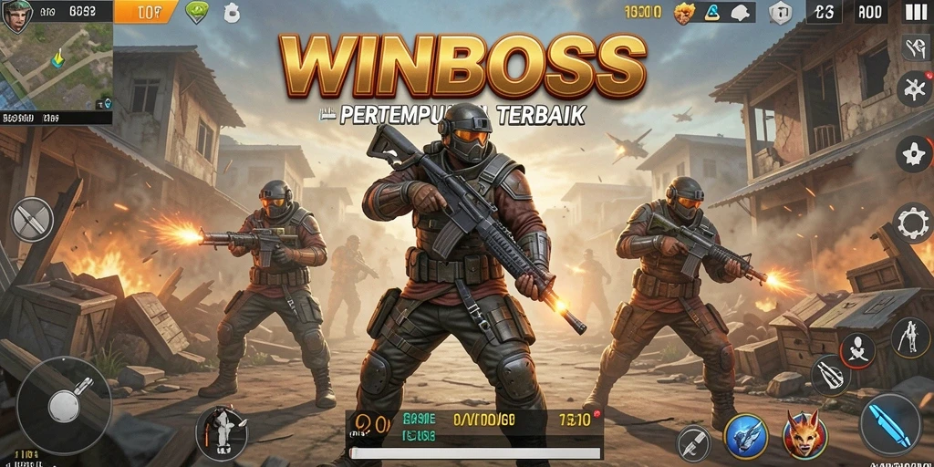 Screenshot gameplay WINBOSS menampilkan aksi pertempuran intens di arena Battle Royale.